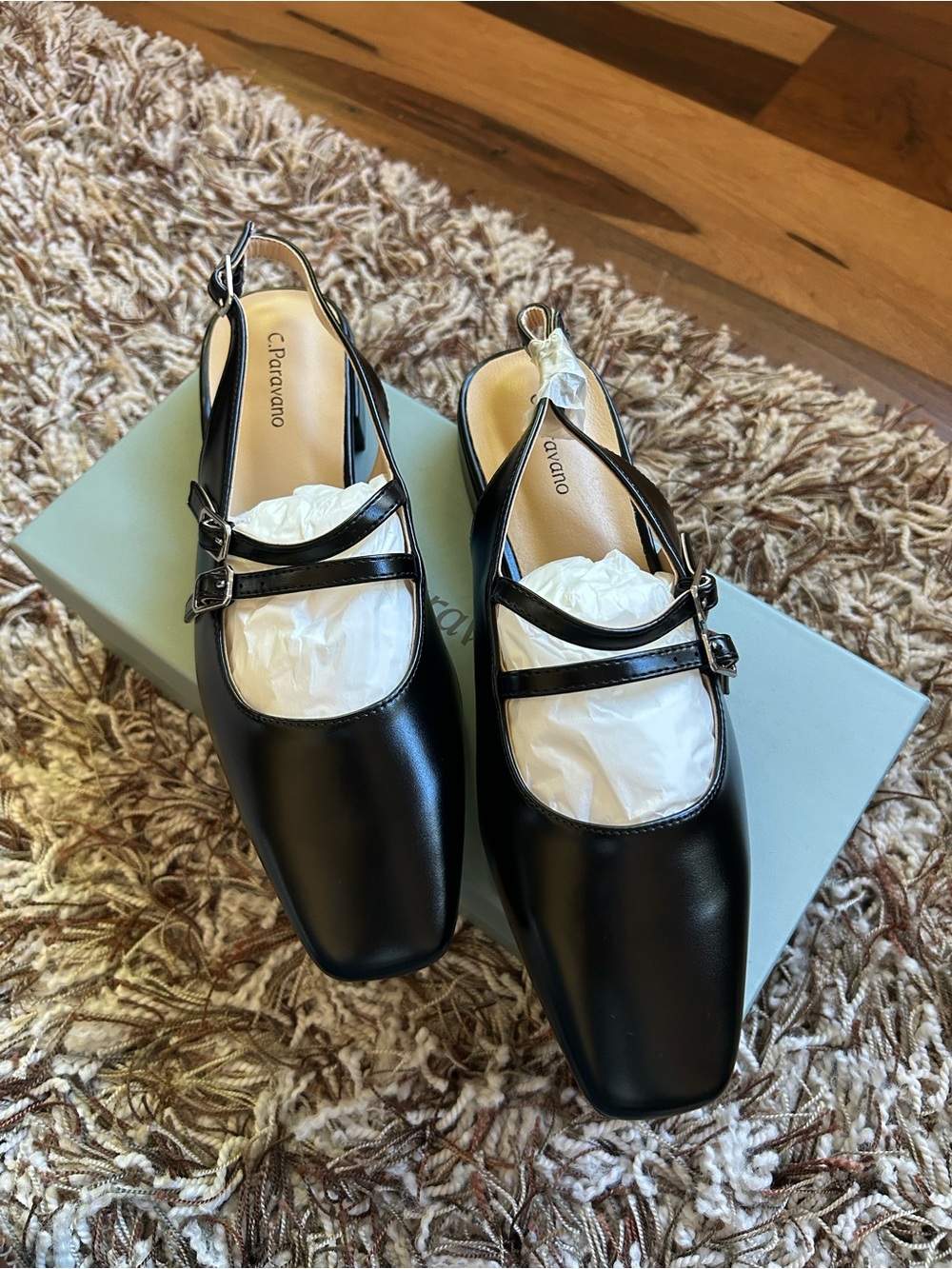 C. Paravano Black Square Toe Slingback Flats Size 39.5 or 9.5